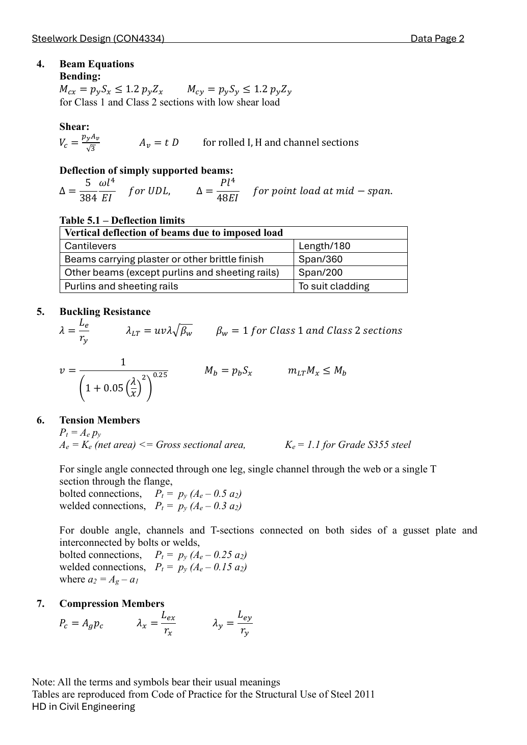LectureNotes/CON4334-Data File-20260730.pdf,實體/印刷 Data 第 2 頁:鋼樑、受拉及受壓公式。