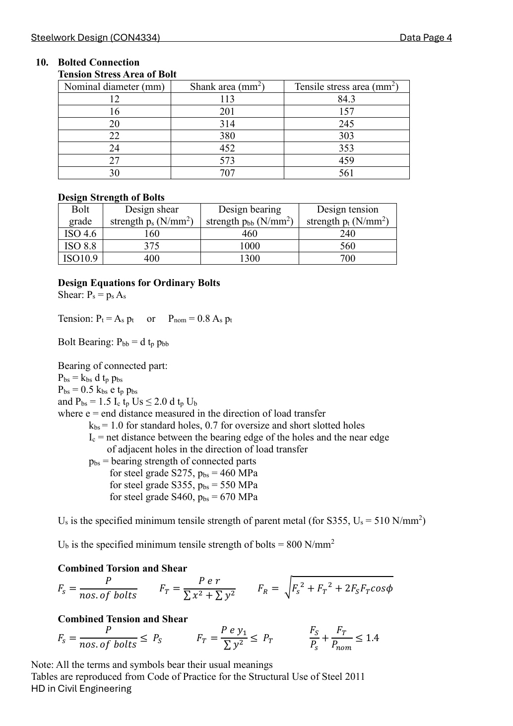 LectureNotes/CON4334-Data File-20260730.pdf,實體/印刷 Data 第 4 頁:普通螺栓及連接件承壓。